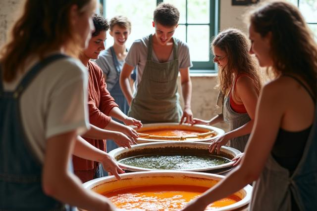 天然染料の大釜の周りで働く参加者のワークショップの風景