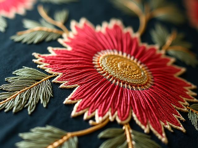 精巧な刺繍が施されたヴィンテージ帯の接写