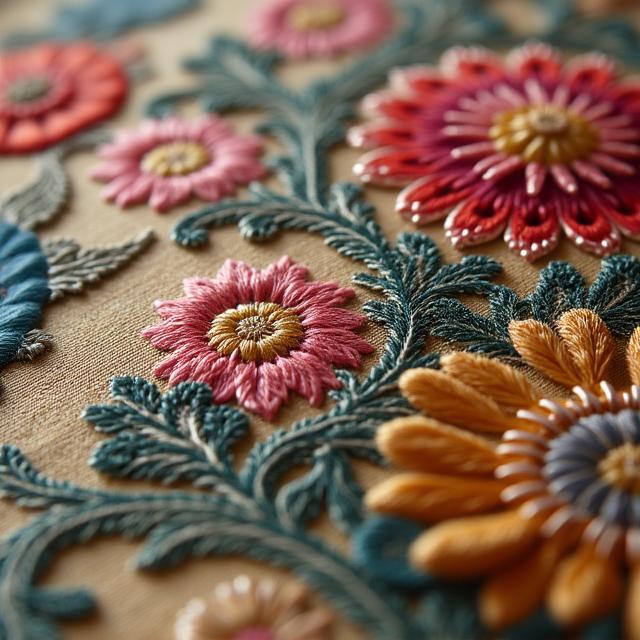 丁寧に修復されたヴィンテージタペストリーの細部の接写