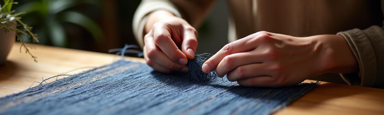 伝統的な日本の繊維を織る手のクローズアップ