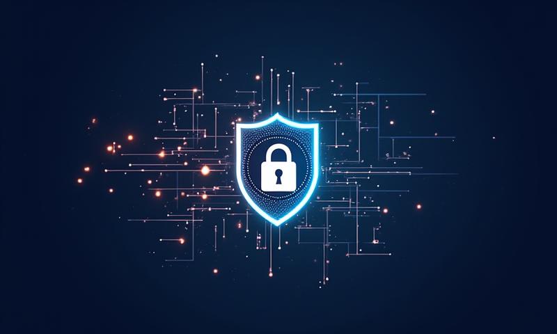 データプライバシーとその保護を象徴する、抽象的なデジタルセキュリティのイラスト。ロックとシールドのアイコンが特徴。