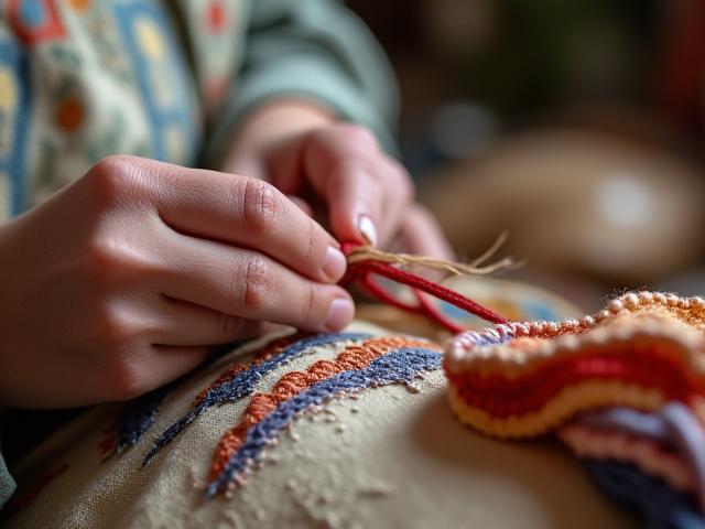 職人が着物や帯に繊細な刺繍を施す様子