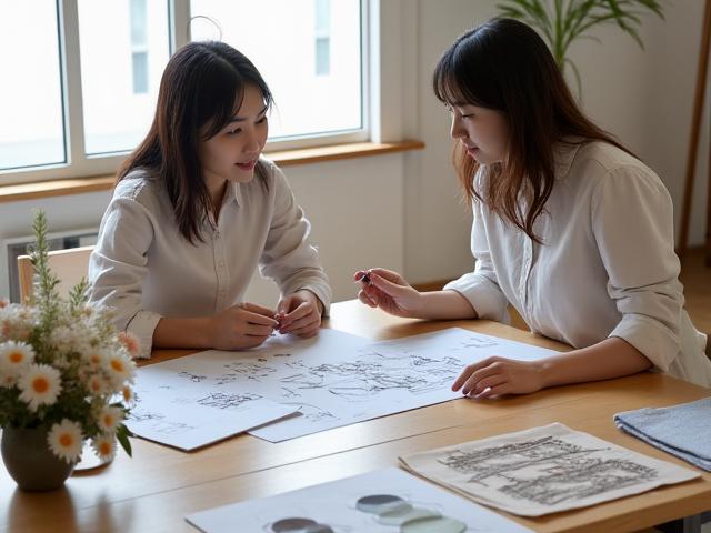 クライアントとデザインについて話し合うデザイナー