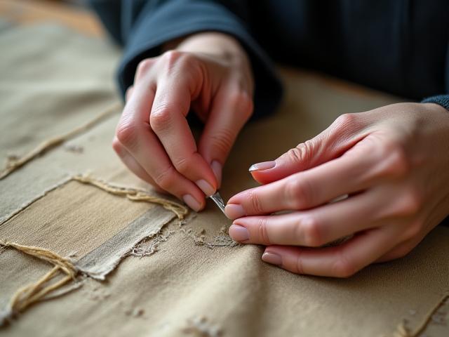 アンティークのテキスタイルを修復する職人の手元