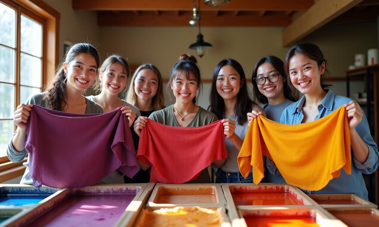 笑顔で染め物を見せるワークショップ参加者たち