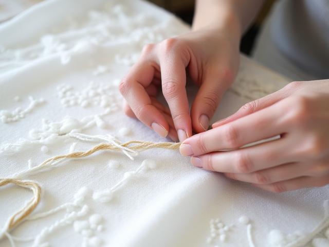 絞り染めのテクニックを示す手元